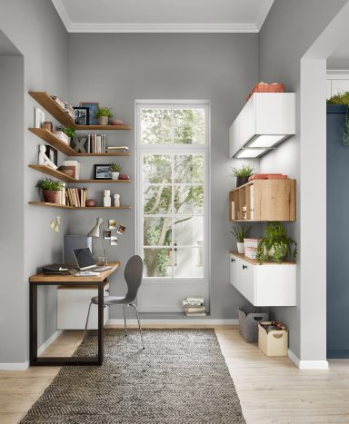 Modernes Arbeitszimmer mit Schreibtisch, Regalen und Fenstern, umgeben von Pflanzen.